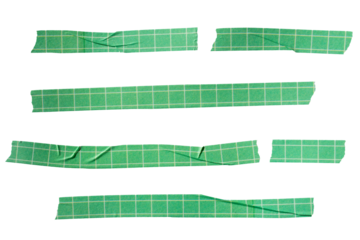 Set of ripped torn paper adhesive green grid pattern washi tape on transparent background, scrapbook collage design elements
