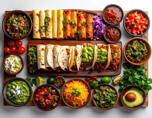 Vibrant Mexican Feast - Tacos, Enchiladas, and Fresh Sides on a Wooden Platter.