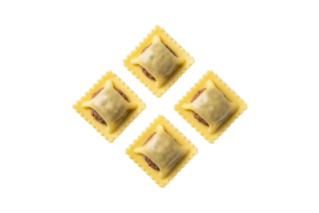 Four fresh meat ravioli pasta pieces isolated on transparent background