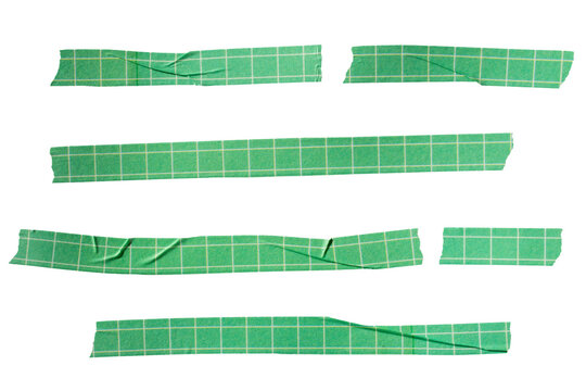 Set of ripped torn paper adhesive green grid pattern washi tape on transparent background, scrapbook collage design elements