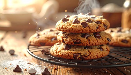 Warm, freshly baked chocolate chip cookies stacked on a cooling rack, with steam rising, on a rustic wooden table.