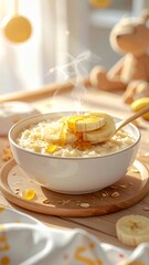 Warm and Comforting Oatmeal with Banana Slices and Honey Drizzle, Perfect for a Cozy Morning Breakfast.