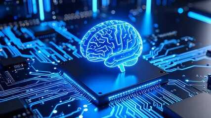 Glowing brain on a computer chip with electronic circuit board patterns in a futuristic style showing artificial intelligence. - Powered by Adobe