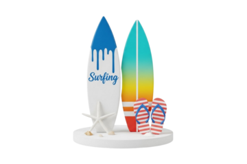Summer beach surfboards and flip flops with starfish on platform isolated on transparent background