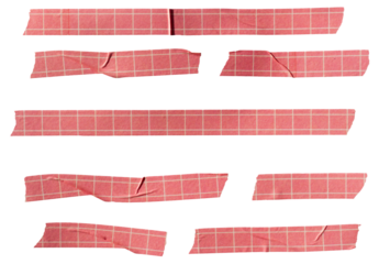 Set of ripped torn paper adhesive red grid pattern washi tape on transparent background, scrapbook collage design elements