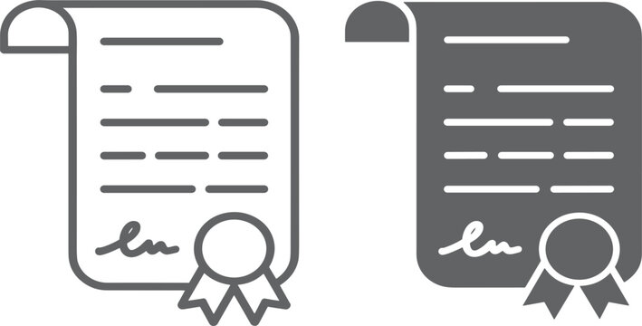 Certificate and legal diploma vector icon set, official document with seal, graduation achievement award, successful contract agreement symbols