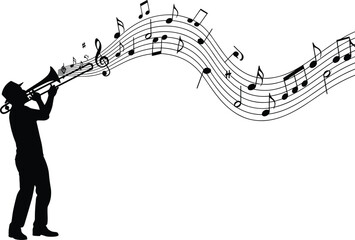 Black Silhouette of a Trombone Player with a Flowing Musical Staff and Notes Representing Jazz Performance Music Education and Artistic Entertainment Concepts © Yeasrin