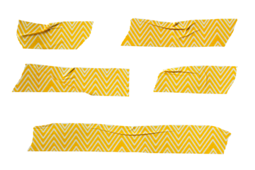 Set of ripped torn striped yellow adhesive tape on transparent background, washi tape design element, scrapbook collage elements