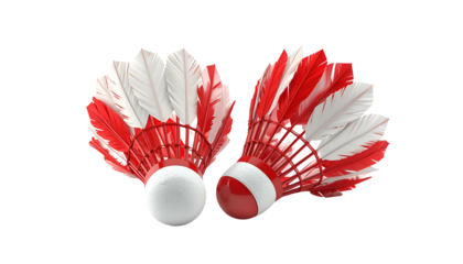 Two badminton shuttlecocks with red and white feathers, on black background