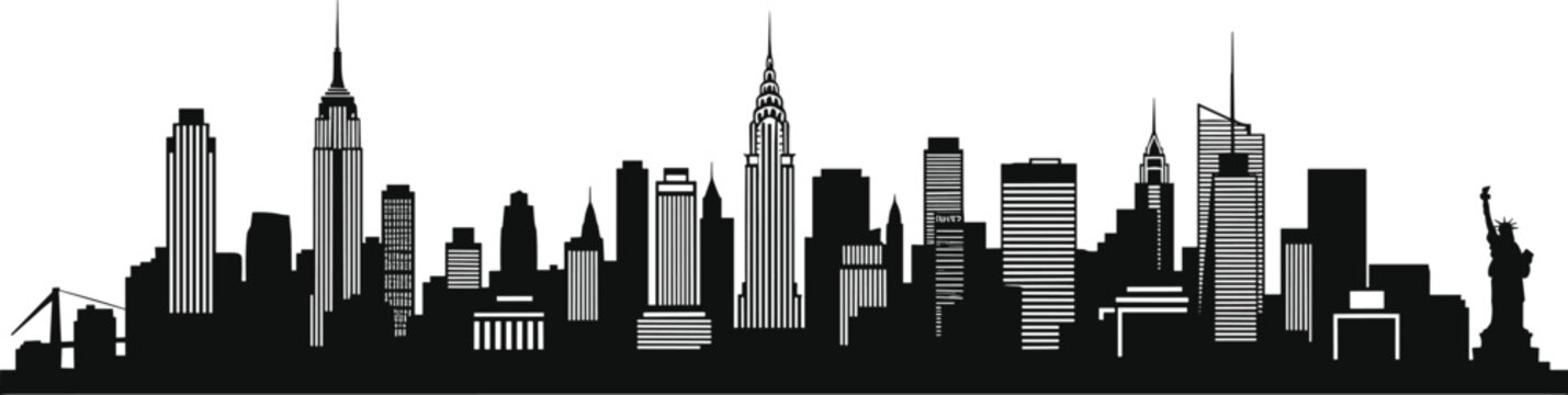 Black Silhouette of New York City Skyline Featuring Famous Landmarks Including Empire State Building and Statue of Liberty for Travel and Tourism
