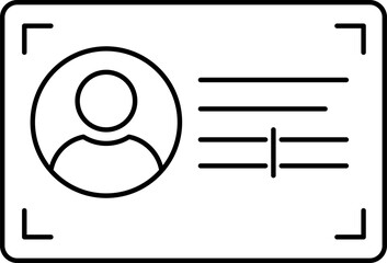 Minimalist outline UI icon of a user ID profile card with photo placeholder, identity details, and document frame markers, representing account identification, profile verification, and user info.
