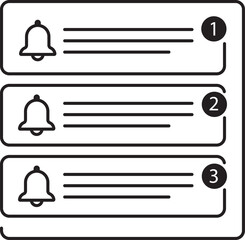 Minimalist outline UI icon of prioritized notification list with bell alert symbols and numbered message rows, representing ranked alerts, sorted updates, and message priority for apps, dashboards.