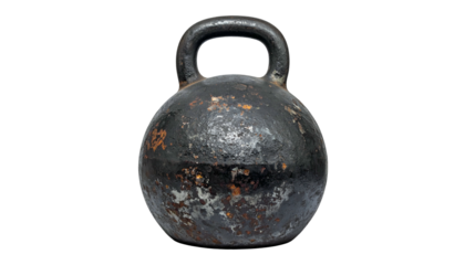A worn, rusty cast-iron weight, a kettlebell, isolated on a black background