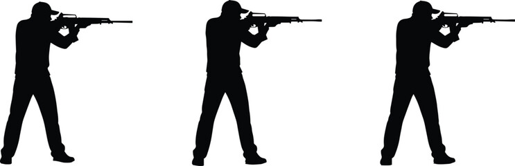 Black silhouette vector sequence of a professional marksman in various shooting stances holding a rifle for security and sporting concepts. © Yeasrin