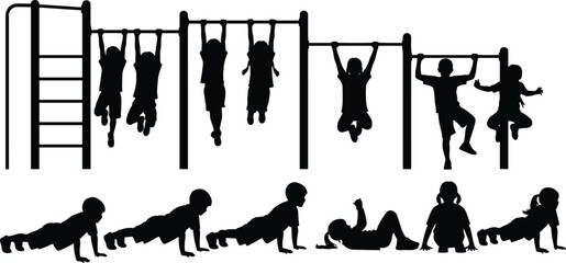 Black silhouette vector set of children playing on monkey bars and performing fitness exercises like pushups for active lifestyle and health concepts. © Yeasrin
