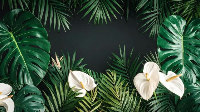 Tropical Foliage Frame: Green Monstera Leaves, Palm Fronds, White Anthurium Flowers on Dark Background