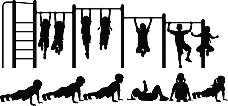 Black silhouette vector set of children playing on monkey bars and performing fitness exercises like pushups for active lifestyle and health concepts.