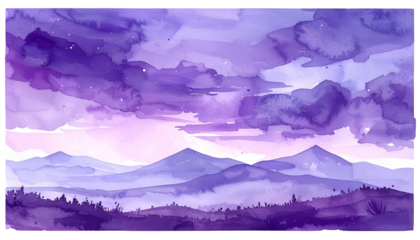 Watercolor landscape depicts rolling hills under a cloudy, ethereal purple and lavender sky