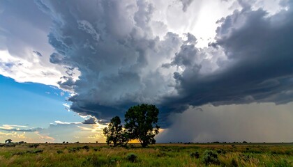 A dramatic cloudscape dominates the landscape, with rays of sunlight breaking through the dark storm clouds over the plains