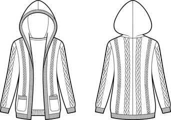 Women hooded knit cardigan technical illustration, front and back view fashion design template, cable sweater outline isolated white
