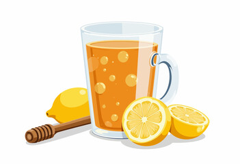 Vibrant illustration of a refreshing glass of fizzy lemon honey beverage with fresh lemon slices and a wooden honey dipper, perfect for a invigorating summer drink
