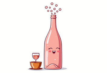 Smiling cartoon bottle with bubbly pink beverage and a small glass on a saucer, illustrating a joyful and playful depiction of fizzy drink celebration.
