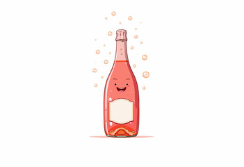 Cheerful Cartoon Pink Champagne Bottle with Bubbles on White Background Exuding Fun and Celebration in a Lighthearted and Playful Style
