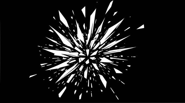 Abstract white shattered glass explosion on a black background, dynamic burst effect.