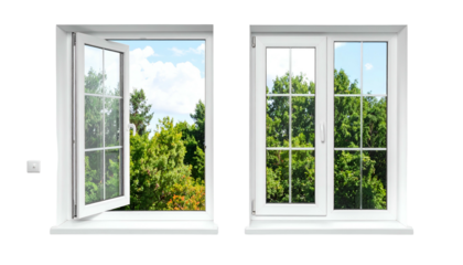 Two white windows; one open, one closed. Both frame vibrant green trees and a blue sky