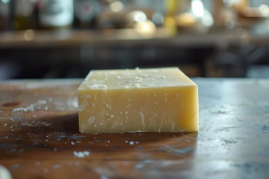 Close up of a large block of aged cheese on a wooden table, showcasing the texture and craftsmanship in a cheesemaking facility - Powered by Adobe