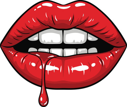 Close up of glossy red lips with a drop of red liquid dripping from the lower lip against a white background Keywords: lips, mouth, red, glossy