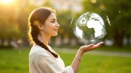Woman holds holographic earth with recycling icons in park. Female displays sustainable globe with CO2 symbols. Woman shows earth hologram outdoors. Park sunset with female holding sustainable globe. - Powered by Adobe