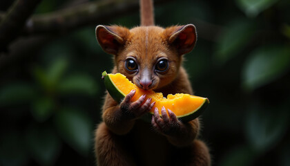 Young mammal eating fruit in the lush green jungle environment  