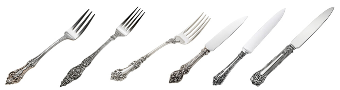 Set of vintage retro silver fork and knife isolated on transparent background