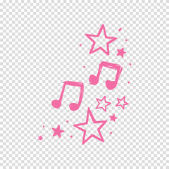Pink hand-drawn musical notes and stars on transparent background vector illustration