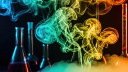 Vibrant chemical reactions creating colorful, swirling smoke plumes from laboratory flasks
