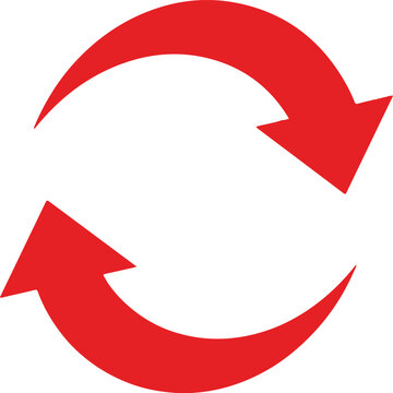 Two interlocking red arrows forming a circular refresh or repeat symbol on a white background Keywords: arrows, red, circle, loop, repeat, refresh
