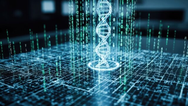 Digital DNA strand emerging from data grid symbolizing genetic engineering and bioinformatics