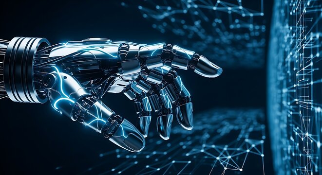 Robotic Hand Reaching Towards Data Network Futuristic Digital Concept - Powered by Adobe