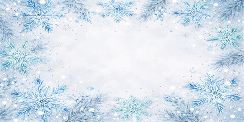 Blue Christmas background featuring a frozen winter pattern of snowflakes and frost ornaments on a vector holiday design frame for a seasonal Xmas celebration card