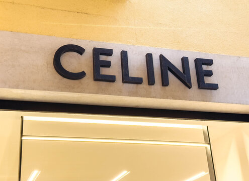 Venice, Italy - December 05, 2025: Celine luxury brand storefront sign displayed prominently on a stylish boutique wall, showcasing modern design and elegance in retail fashion