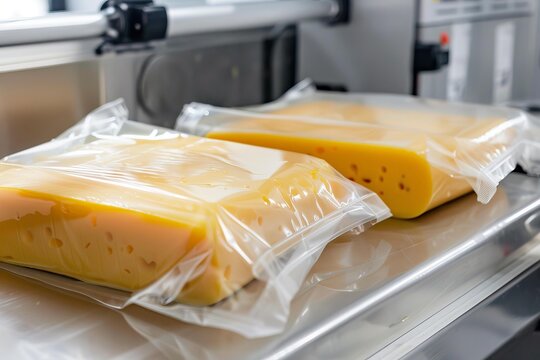 Pieces of cheese being packed in plastic wrap using a vacuum sealing machine in a food processing plant