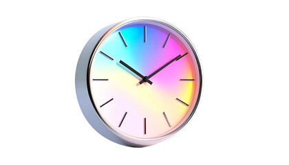 A round clock with a holographic face and a shiny, metallic frame against black