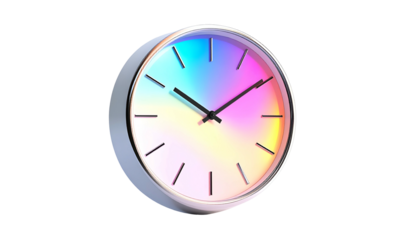 A round clock with a holographic face and a shiny, metallic frame against black