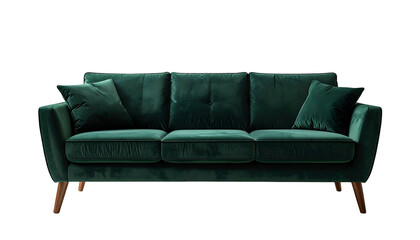 Luxurious three-seater sofa with emerald green velvet upholstery and wooden legs