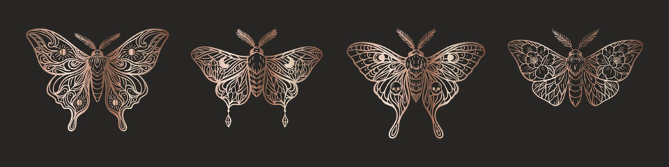 Mystic rose gold moths  boho celestial gothic tattoo set on black background