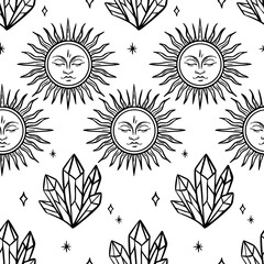 Sun and crystal seamless pattern boho mystic black line art