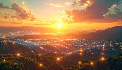 Vast solar energy networks floating in the sky, abstract sun cores, golden and orange light waves, futuristic sustainable world, clean energy theme, soft cinematic background.