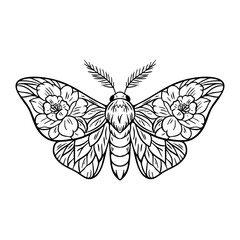 Mystical floral moth illustration  boho black line art