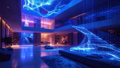Surreal smart home controlled by AI consciousness, rooms forming fractal patterns, data streams as light ribbons, abstract cyber architecture, deep blue and violet tones&rdquo;